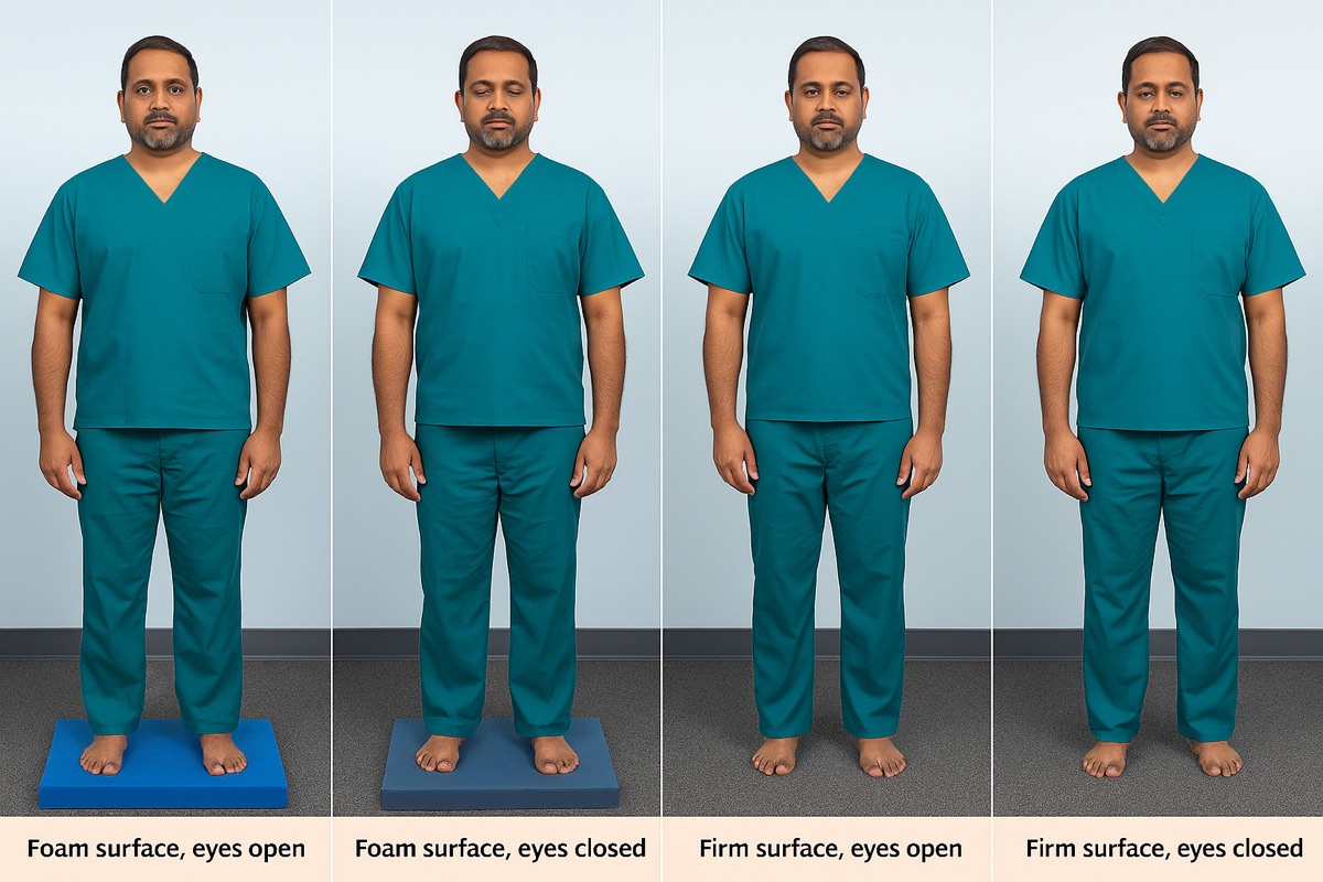 Four panels showing a patient standing on firm and foam surfaces with eyes open and eyes closed.