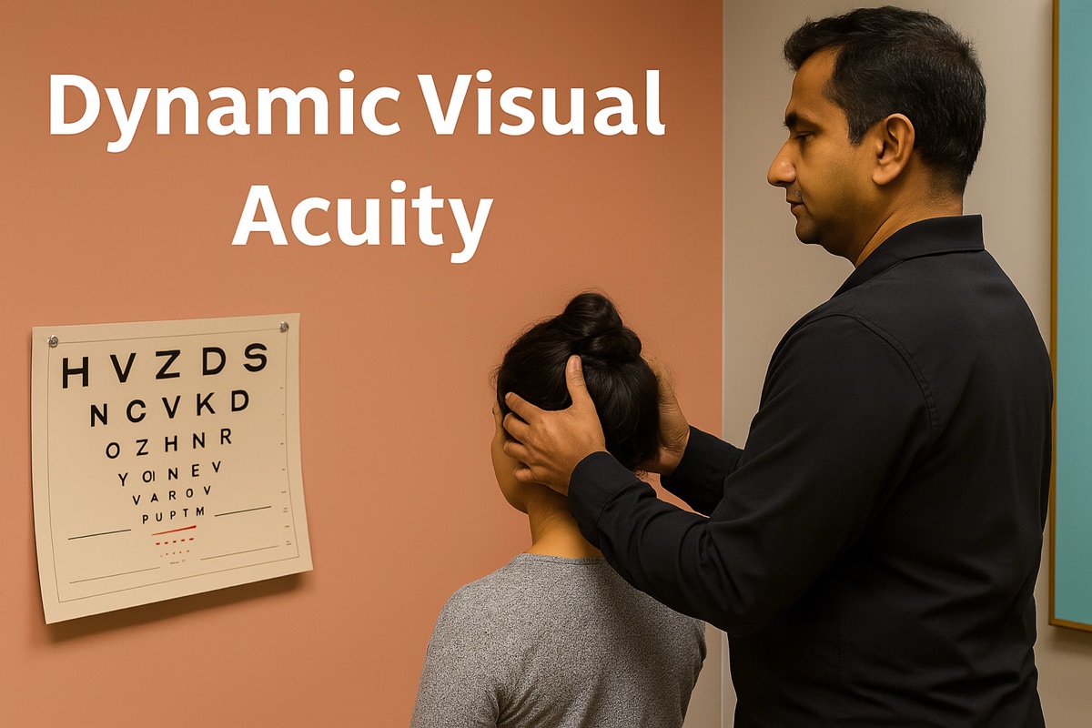 Dynamic visual acuity testing — a patient reads an eye chart while the clinician oscillates the head.