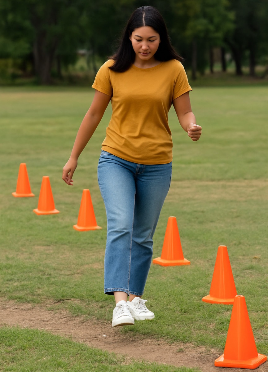 A patient walks a slalom path between cones on grass for dynamic gait and dual-task training.