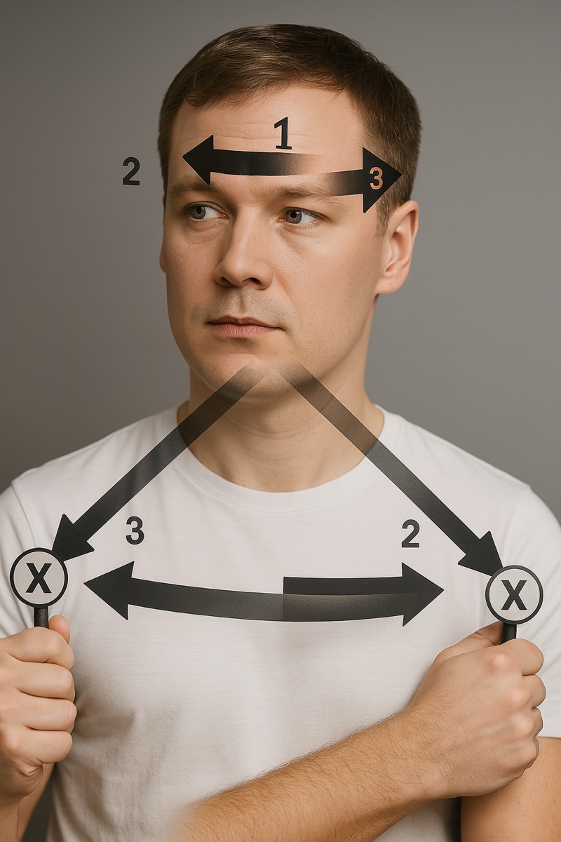 A clinician demonstrates X2 viewing, holding two targets that move opposite to the head.