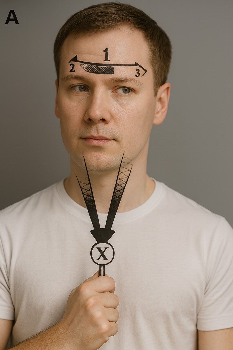 A clinician performs the head impulse test, marking the small, rapid head rotation used to probe the VOR.
