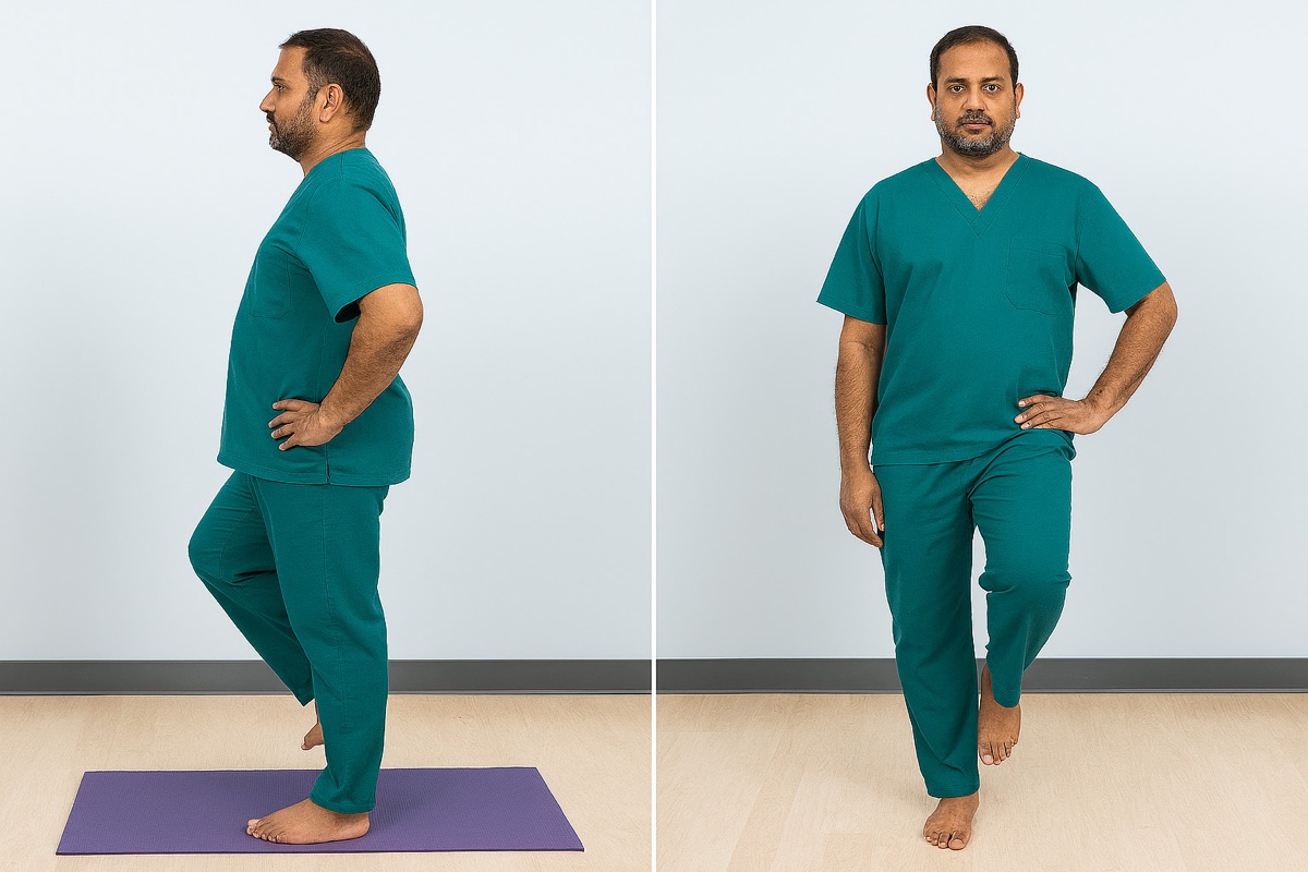 A patient holds a single-leg and tandem stance on a foam mat to challenge balance.