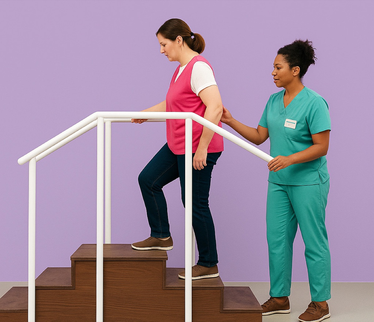 A patient negotiates a short flight of stairs with a therapist supervising at the handrail.