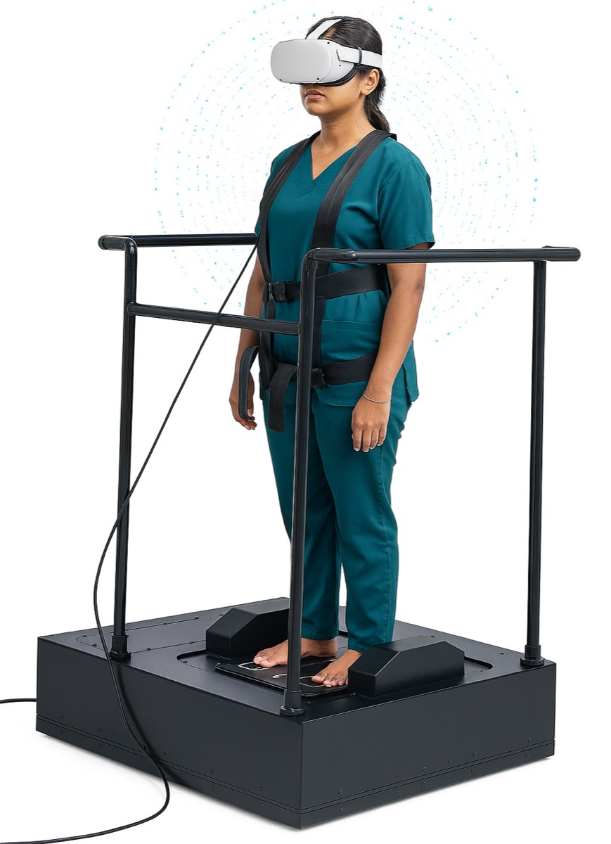A patient stands in a safety harness on a motion platform wearing a VR headset for instrumented balance training.