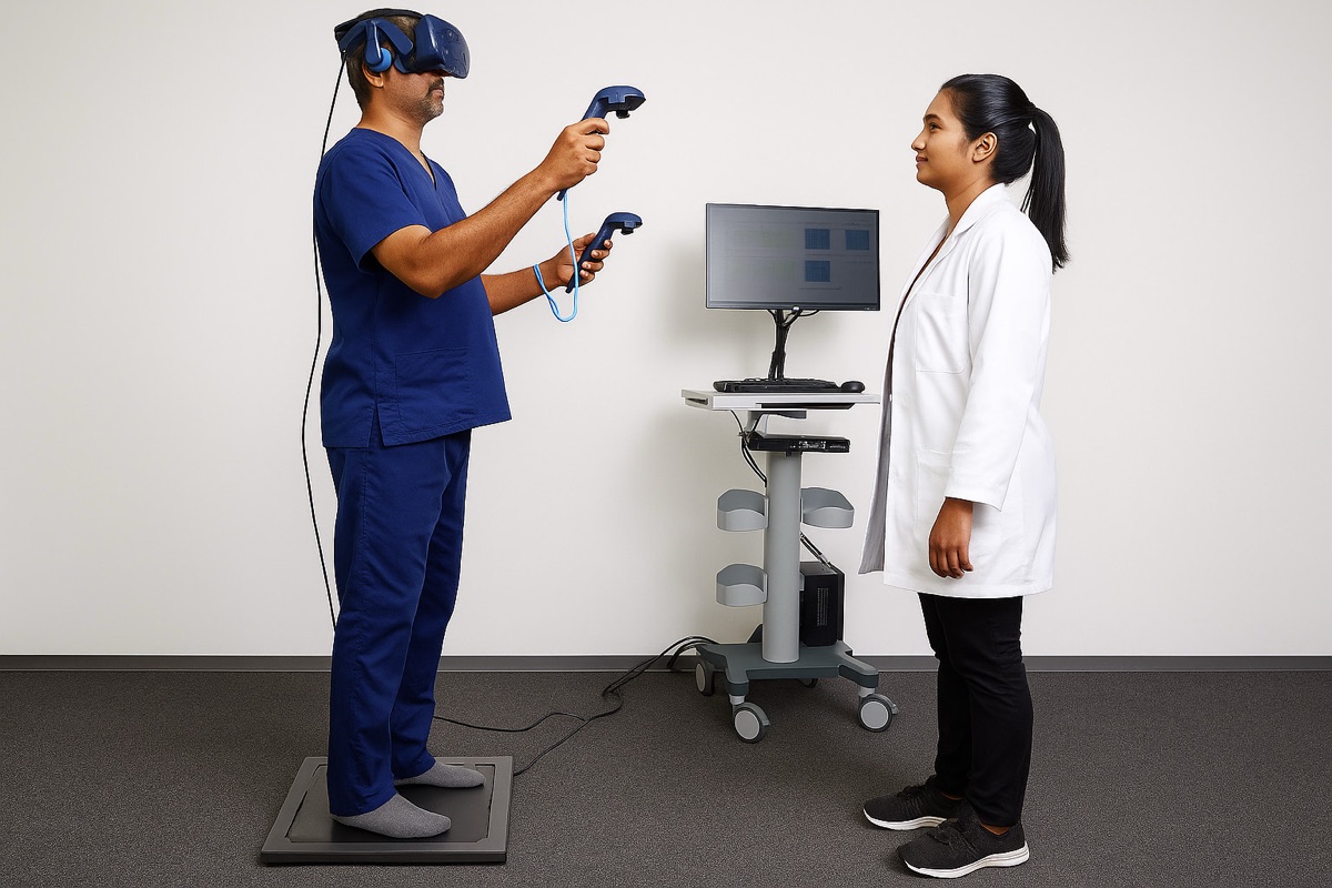 A patient wearing a VR headset and holding controllers stands on a force platform while a clinician supervises.